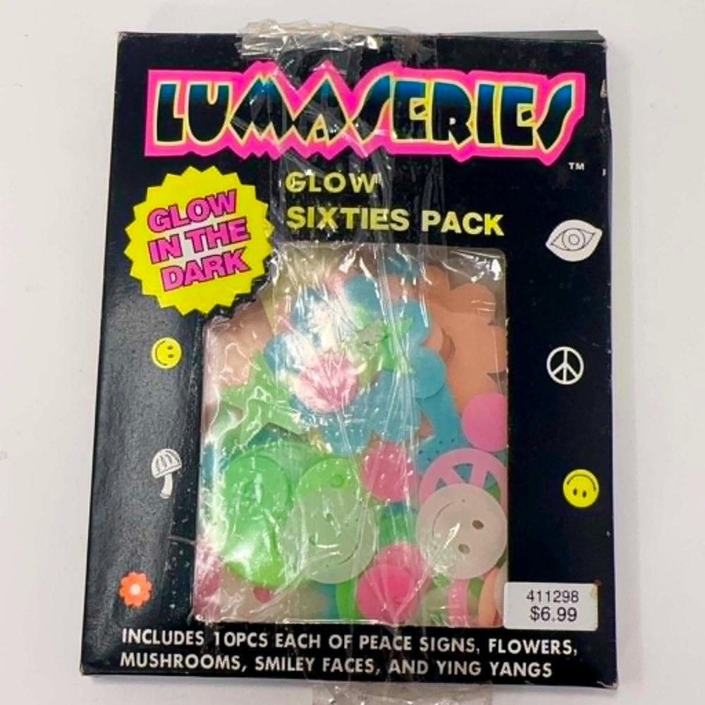 VTG 1997 Spencer Gifts Lummaveries Glow Sixties Pack Y2K Rave Room Decor Smiley